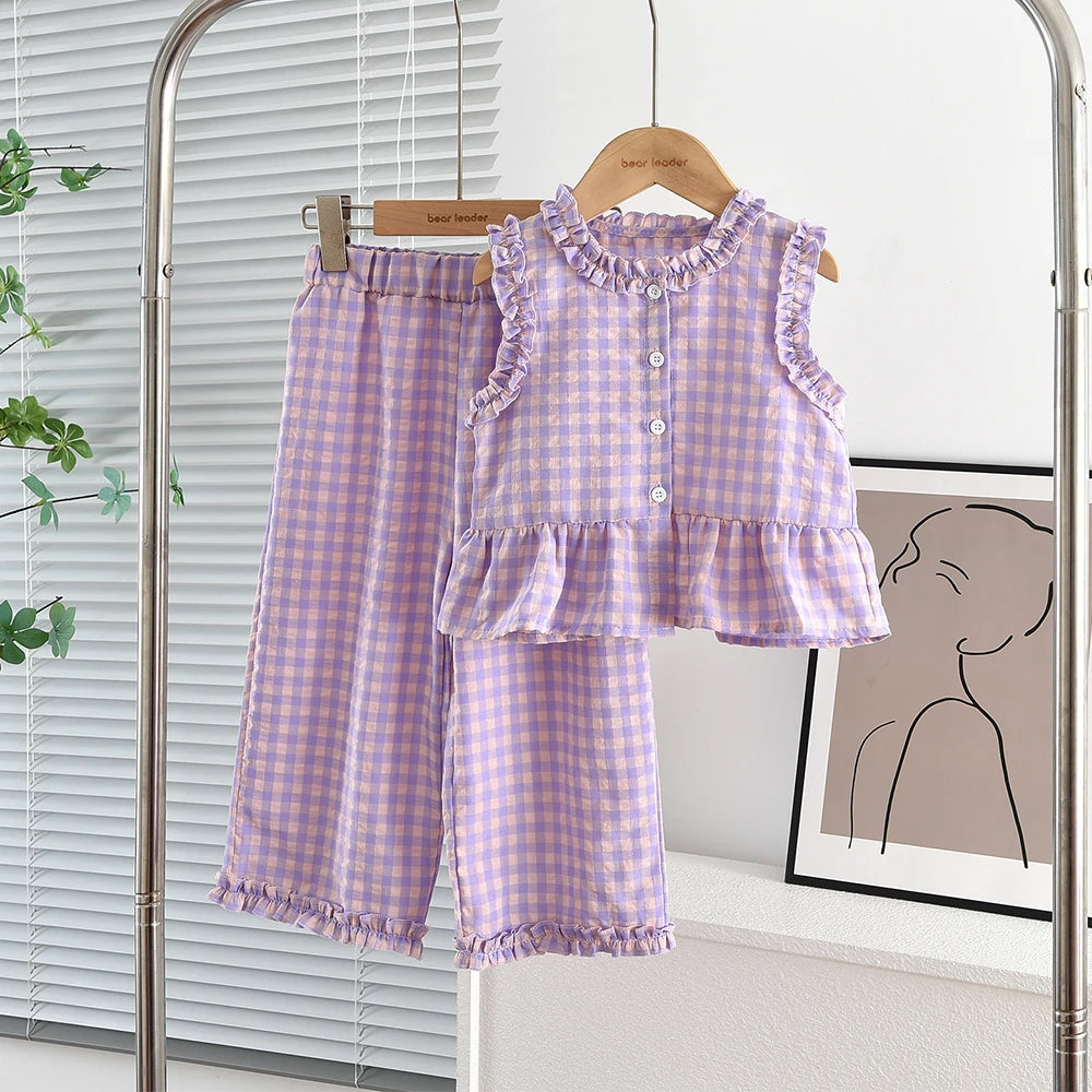 Ensemble Bébé Fille Été – Gilet Dentelle & Pantalon Large Bleu Blanc