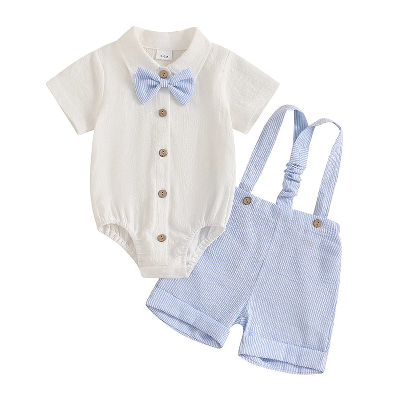 Ensemble Gentleman Bébé Garçon – Barboteuse, Short à Bretelles & Nœud Papillon