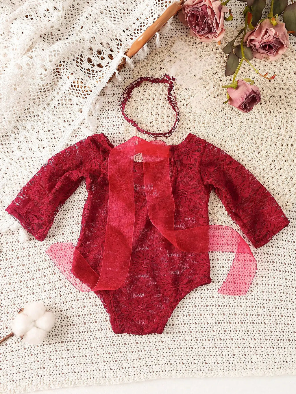 Ylsteed 2 Pieces Set Newborn Lace Romper Infant Photography Outfits with Matching Headband Baby Girl Photo Shooting Props