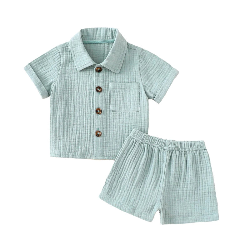 Ensemble Bébé Garçon Été – Chemise Col Revers & Short en Coton Lin