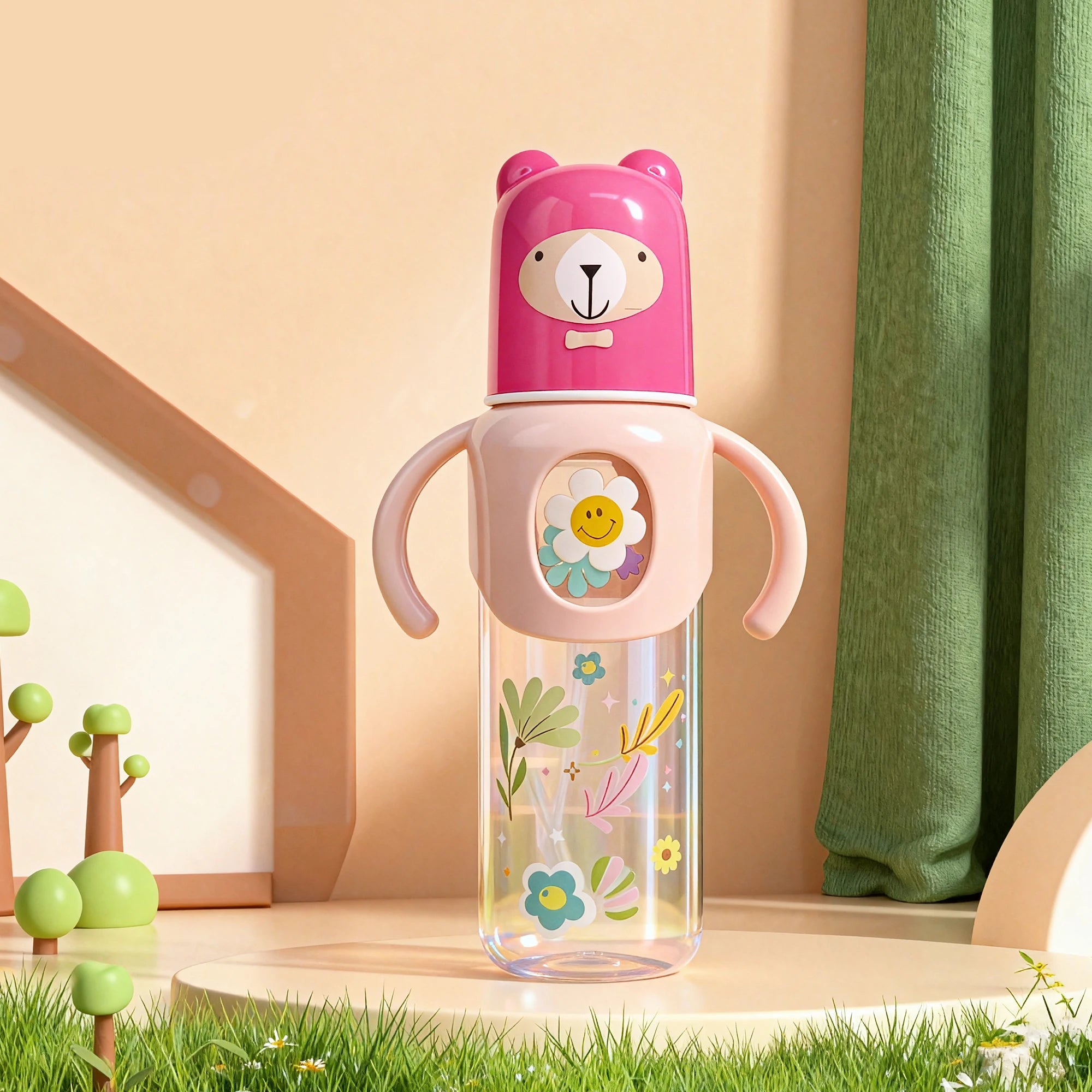250ml  Baby bottle standard caliber silicone mouth baby cartoonwith handle newborn drinking water anti-fall pp bottle