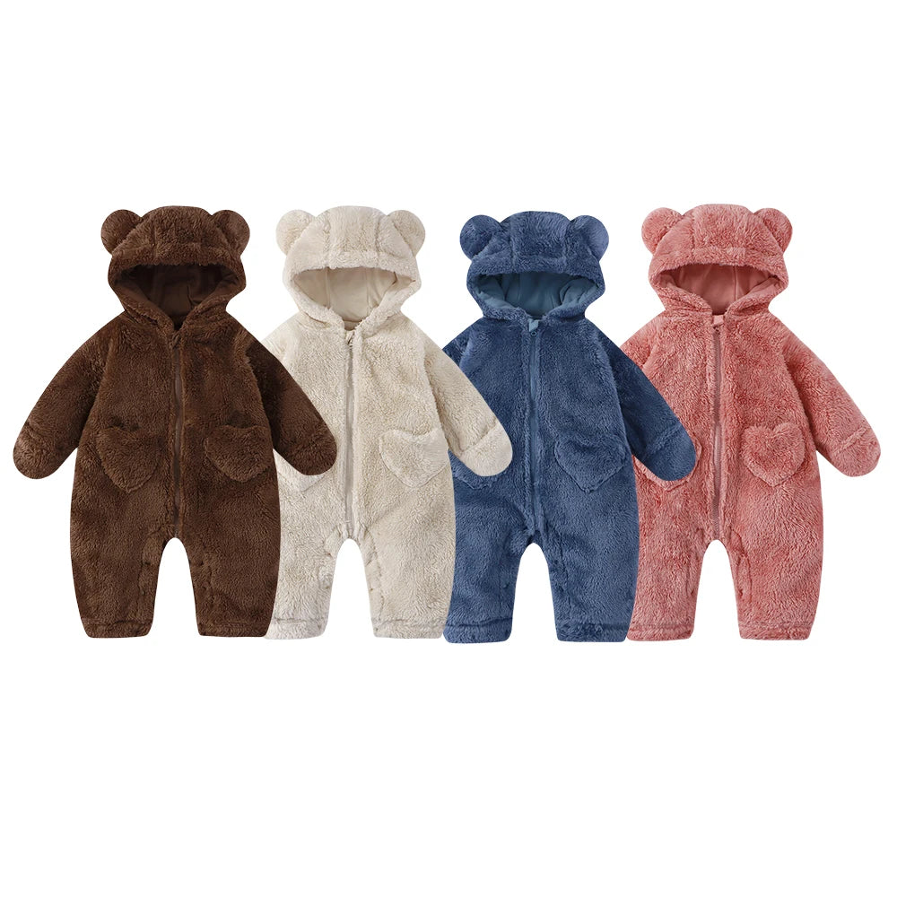 2025 Winter Newborn Baby Cartoon Bear Plush Onesie Hooded Ear Fluffy Romper Unisex 0-12M Thermal Infant Jumpsuit Warm Outfit