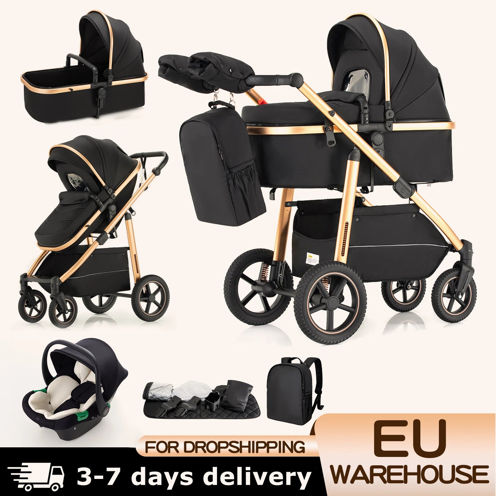 Baby Stroller 3 in 1 Lightweight for Newborn Mother Kids Portable Folding Carriage Luxurious Pushchair Car Seat Travel Pram