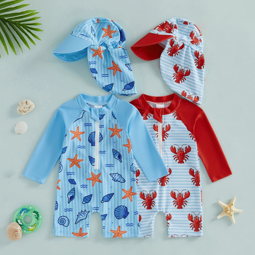 Maillot de Bain Bébé Garçon Anti-UV – Manches Longues avec Chapeau