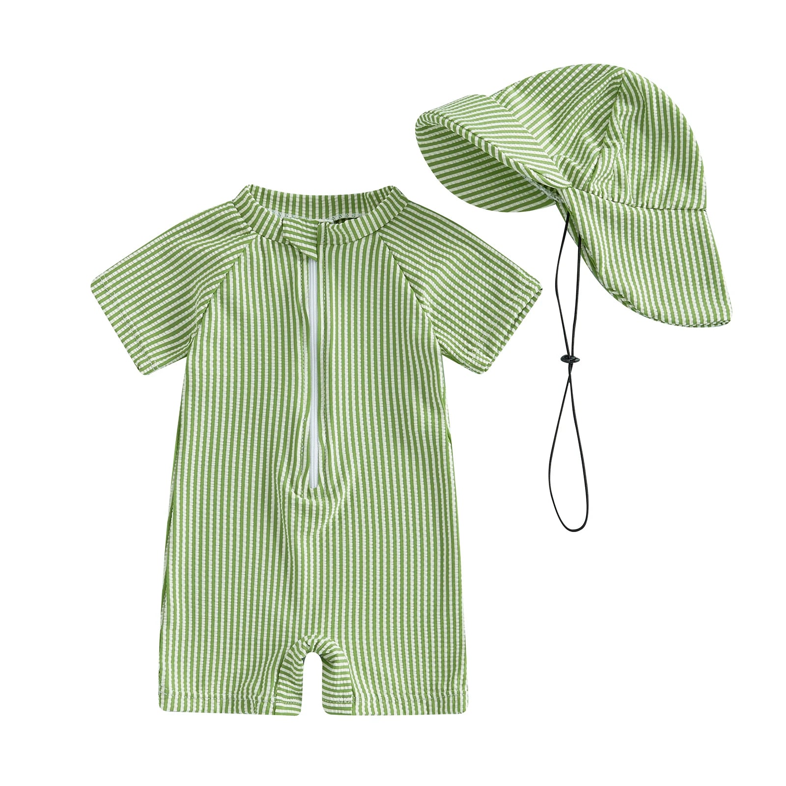 Maillot de Bain Bébé Anti-UV – Combinaison Rayée Manches Courtes & Chapeau