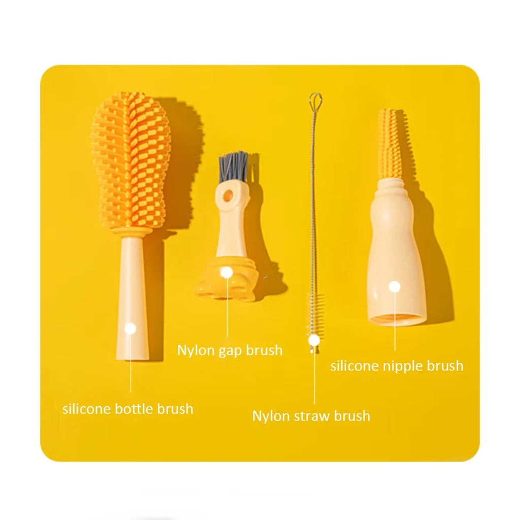 4 In 1 Set Baby Bottle Brush Multi-Fuction Cleaner Silicone Straw Pacifier Milk Bottle Cup 360 Degree Penguin Silicone Brush