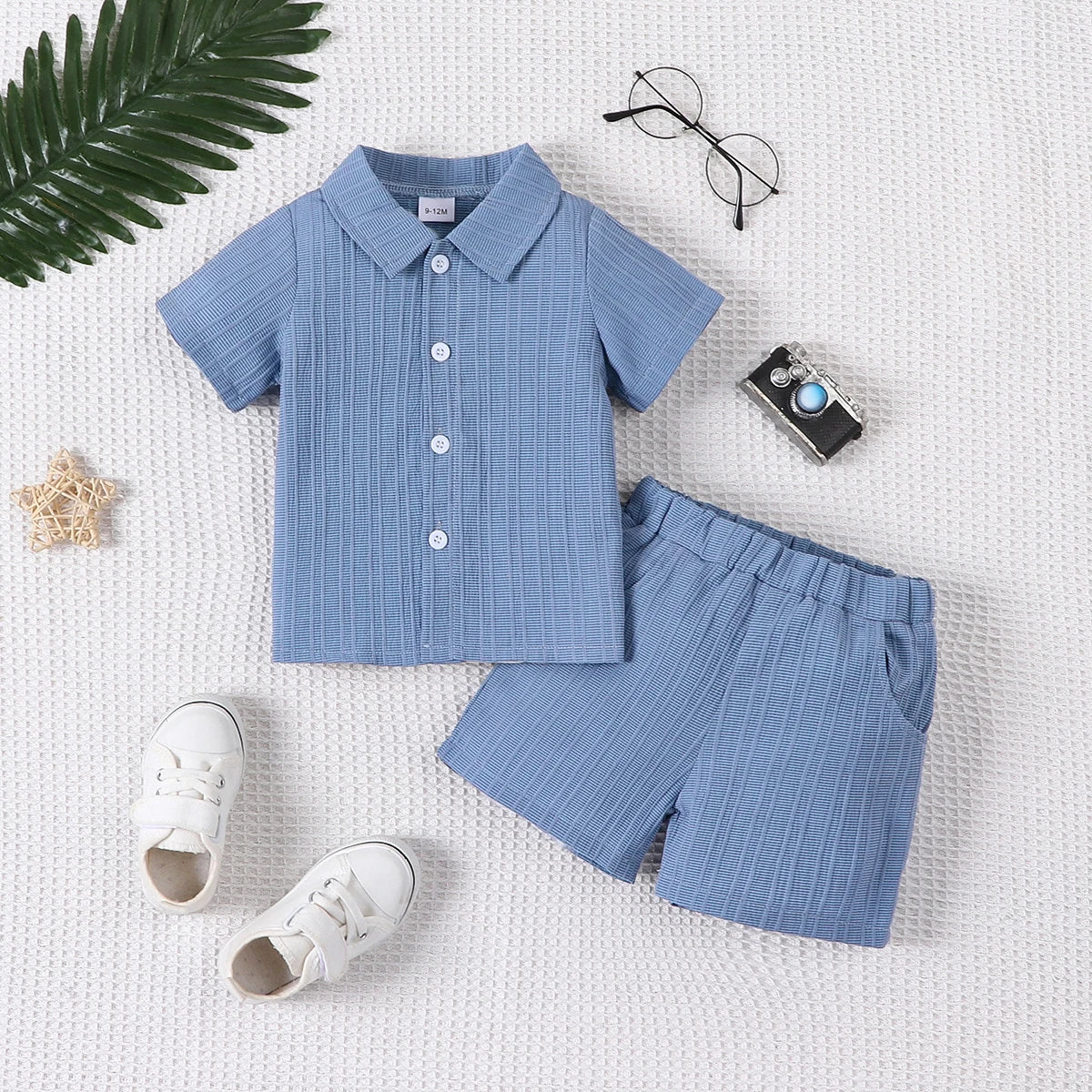 Ensemble Bébé Garçon 2 Pièces – Chemise Jacquard & Short d'Été