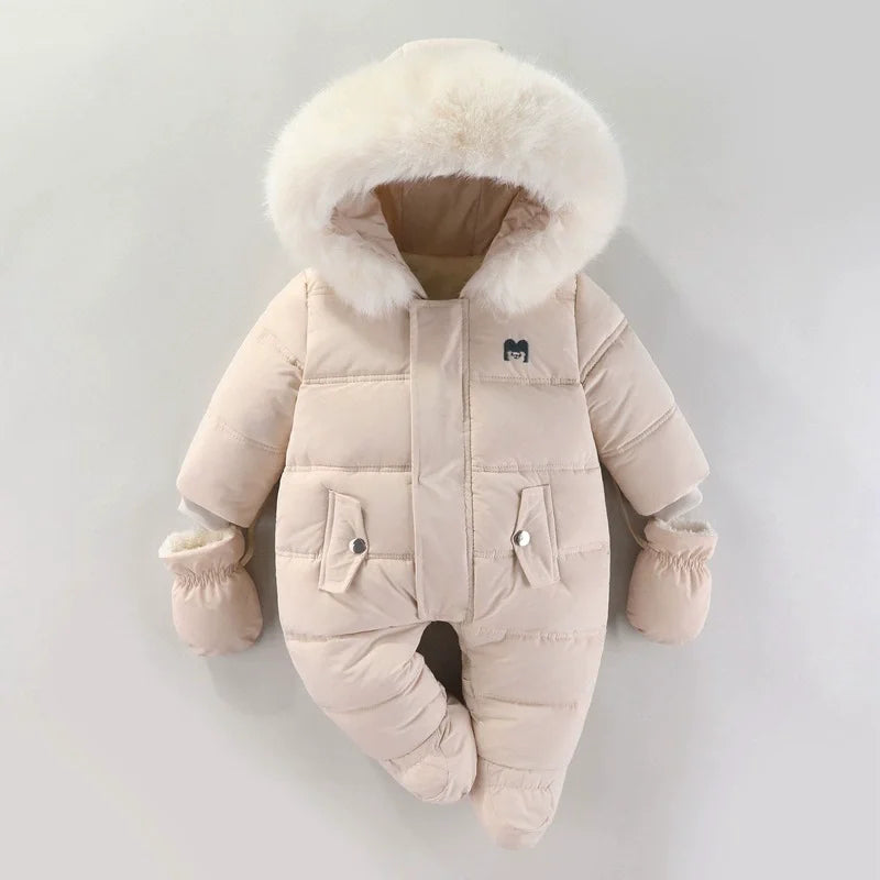 2025 New Winter Baby Rompers Thick Warm Infant Hooded Inside Fleece Jumpsuit Newborn Boy Girl Overalls Toddler Clothing Set