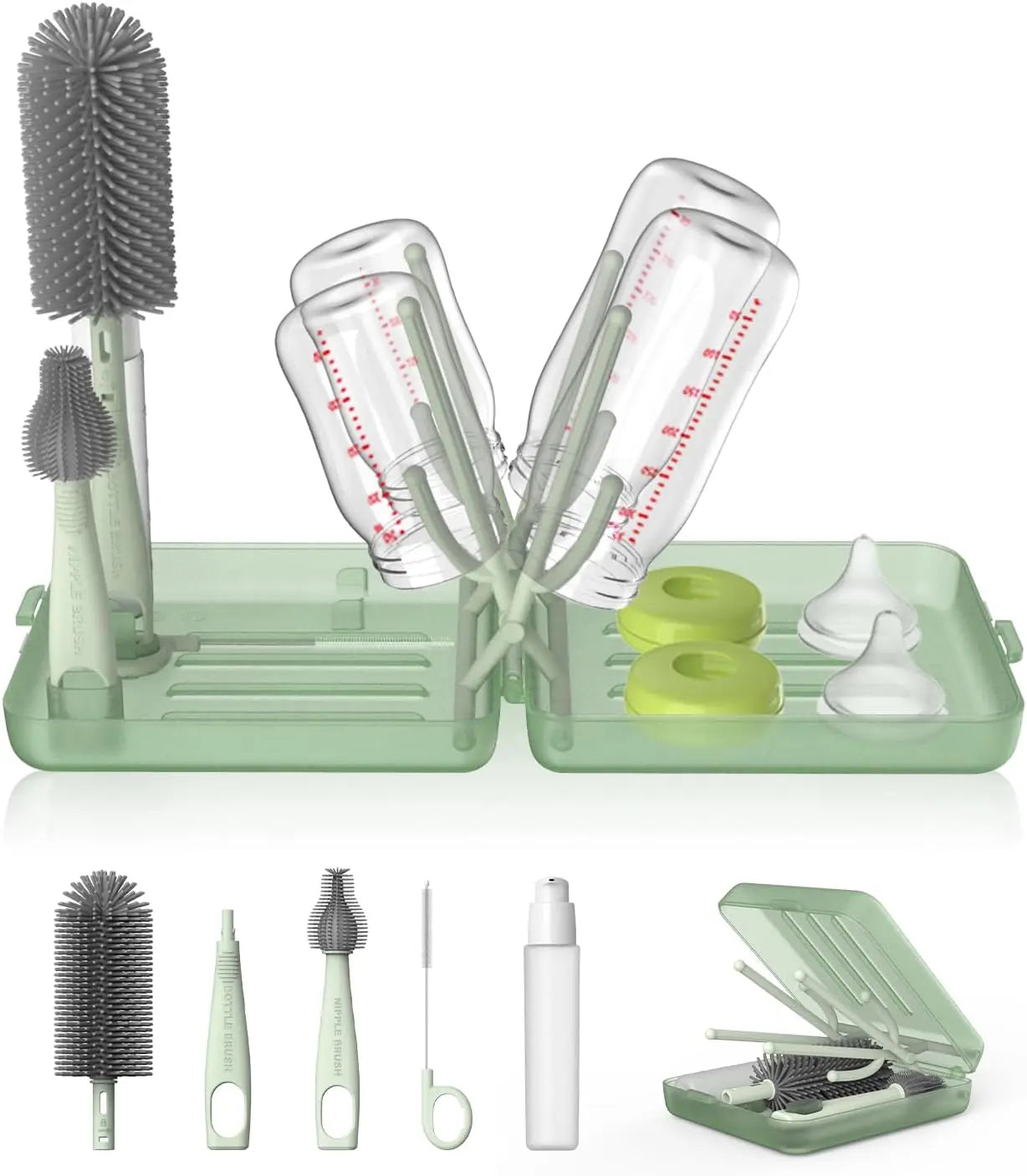 Travel Bottle Brush Set, Auto-Open Rack & Vertical Brushs Drying Slots, 3 Brushes, Foldable Drying Rack, Travel Baby Essentials