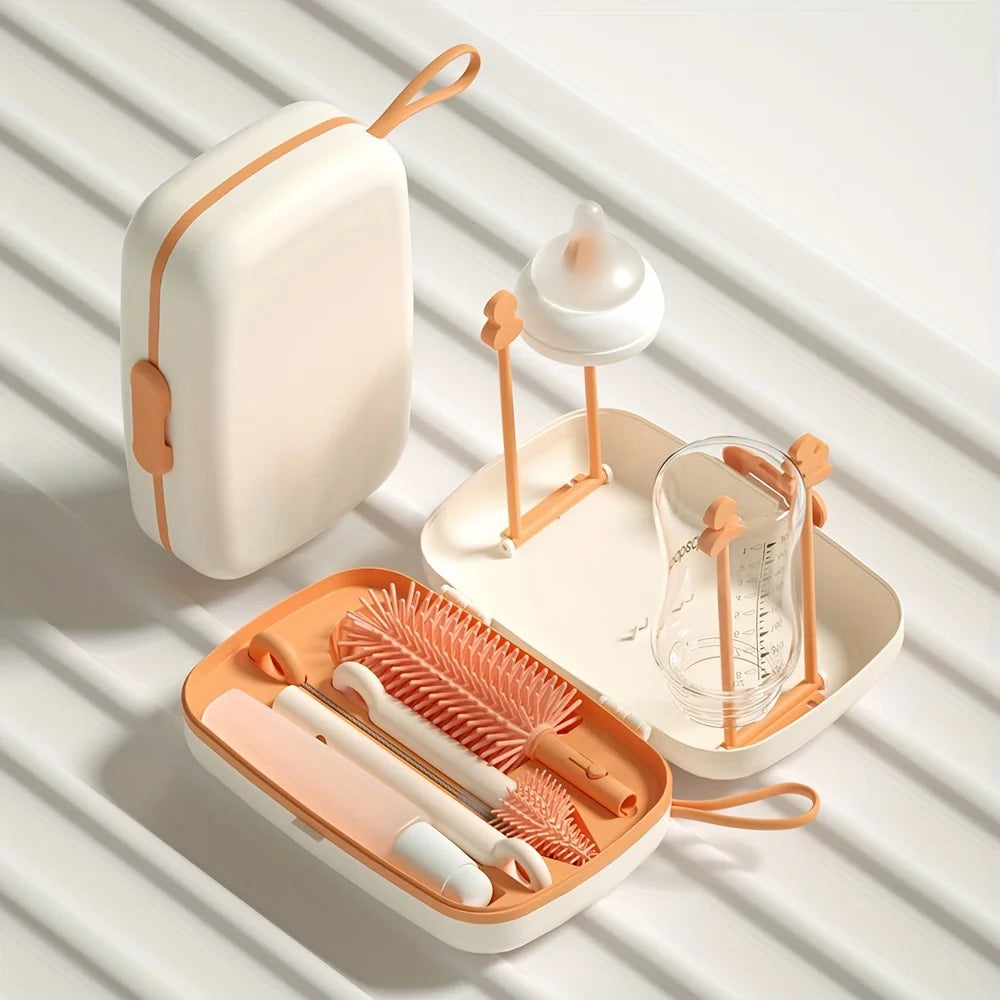 Silicone Bottle Brush Pacifier Brush with Storage Box Draining Rack Straw Brush for Baby Bottles Home Travel Cleaning Kit Safe