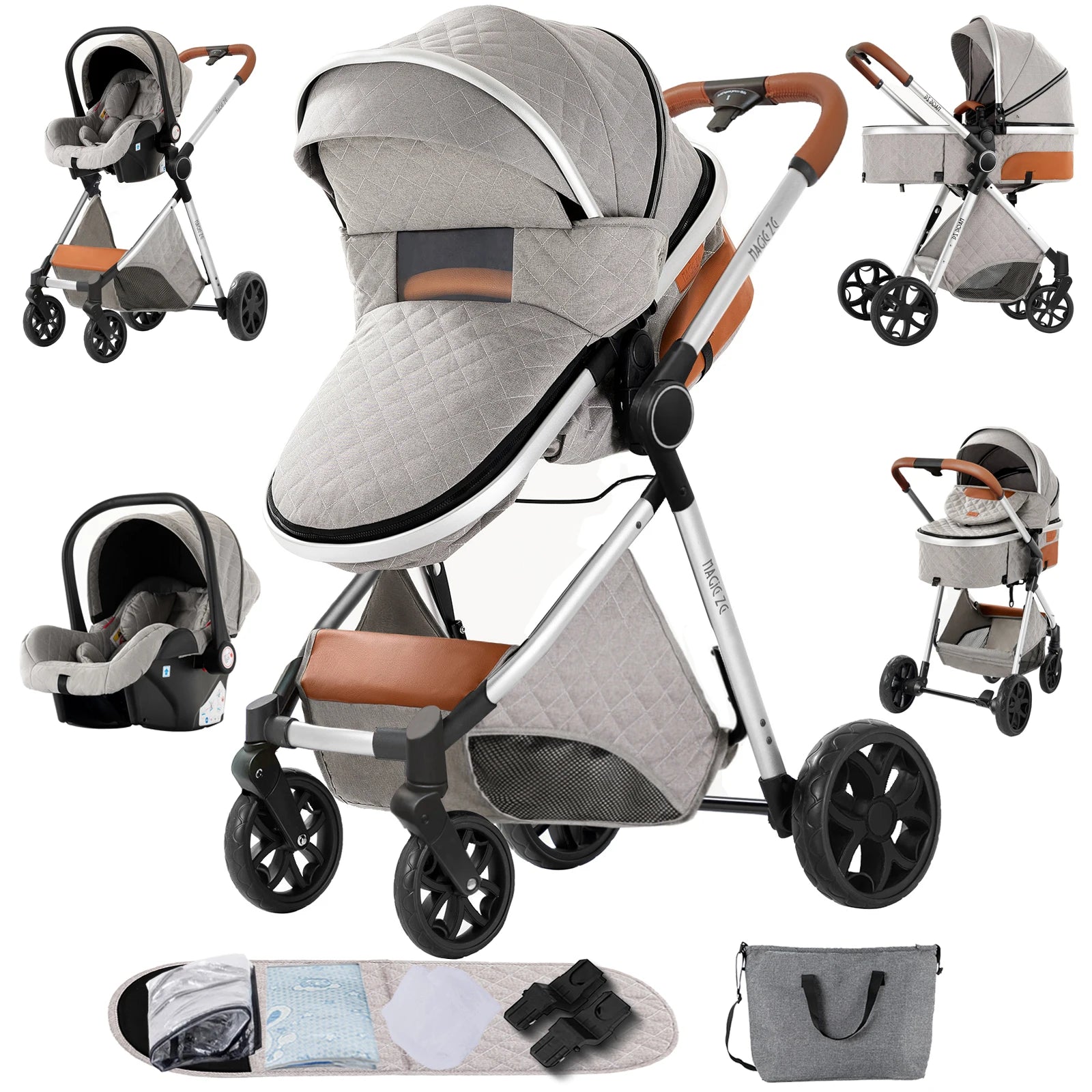 3-in-1 High Landscape Baby Stroller Travel System Bassinet Car Seat Lightweight Frame with One-Hand Folding Feature Baby Items