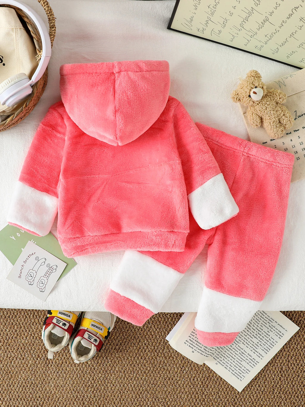 2025 New Style Baby Girls Autumn/Winter Pink Plush Hoodie Sweatshirt Cartoon Cat & Trousers For 1-3Y Casual Cute Set
