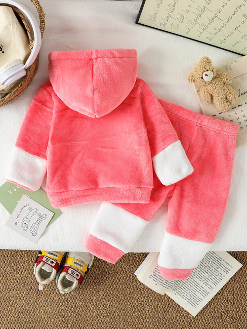 2025 New Style Baby Girls Autumn/Winter Pink Plush Hoodie Sweatshirt Cartoon Cat & Trousers For 1-3Y Casual Cute Set