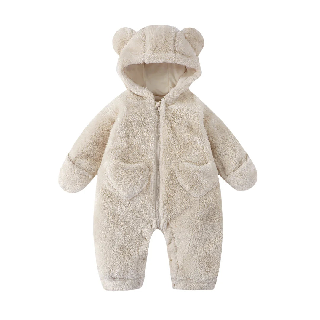 2025 Winter Newborn Baby Cartoon Bear Plush Onesie Hooded Ear Fluffy Romper Unisex 0-12M Thermal Infant Jumpsuit Warm Outfit