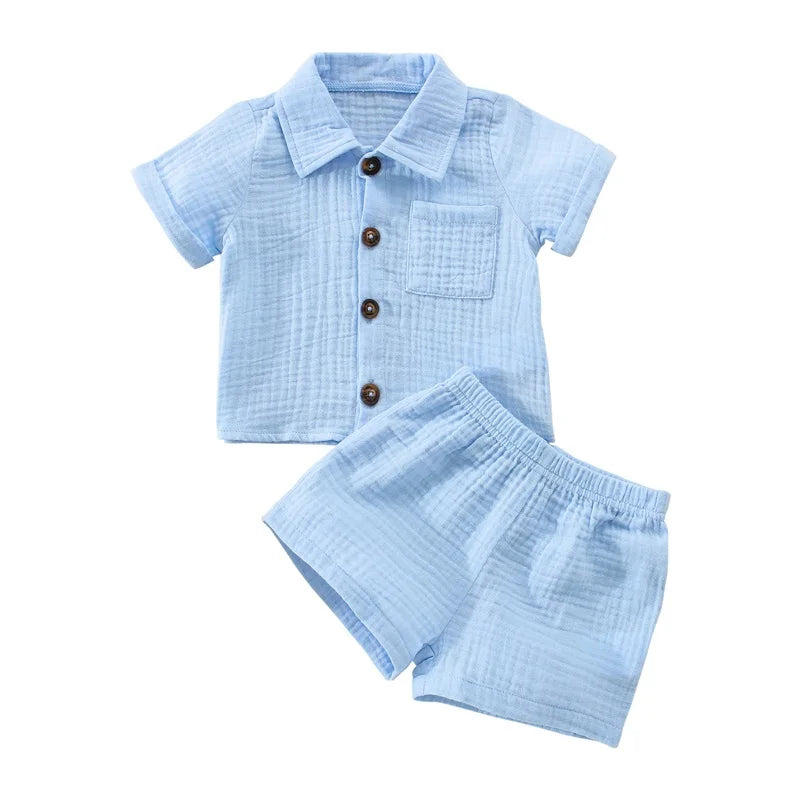 Ensemble Bébé Garçon Été – Chemise Col Revers & Short en Coton Lin