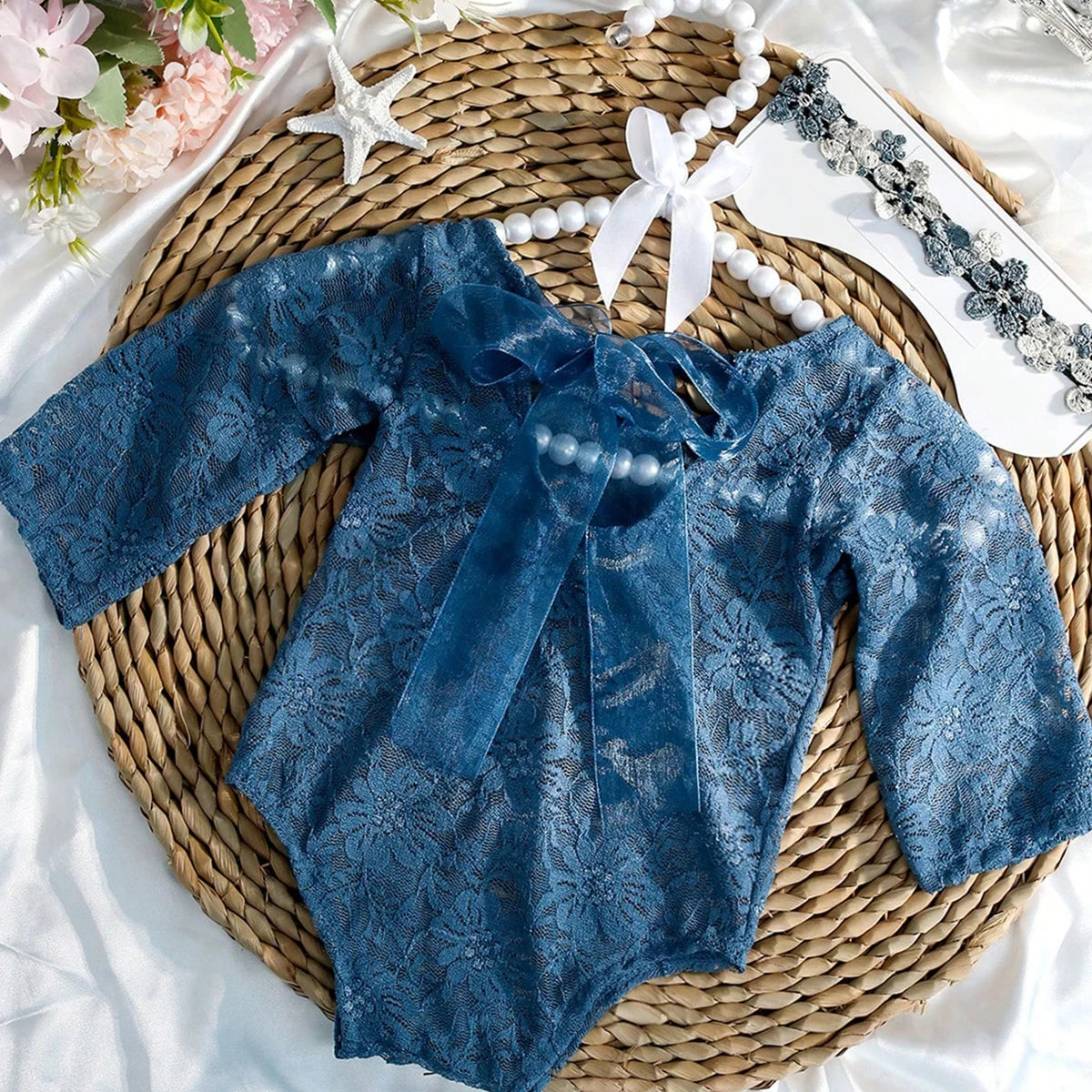 Ylsteed 2 Pieces Set Newborn Lace Romper Infant Photography Outfits with Matching Headband Baby Girl Photo Shooting Props