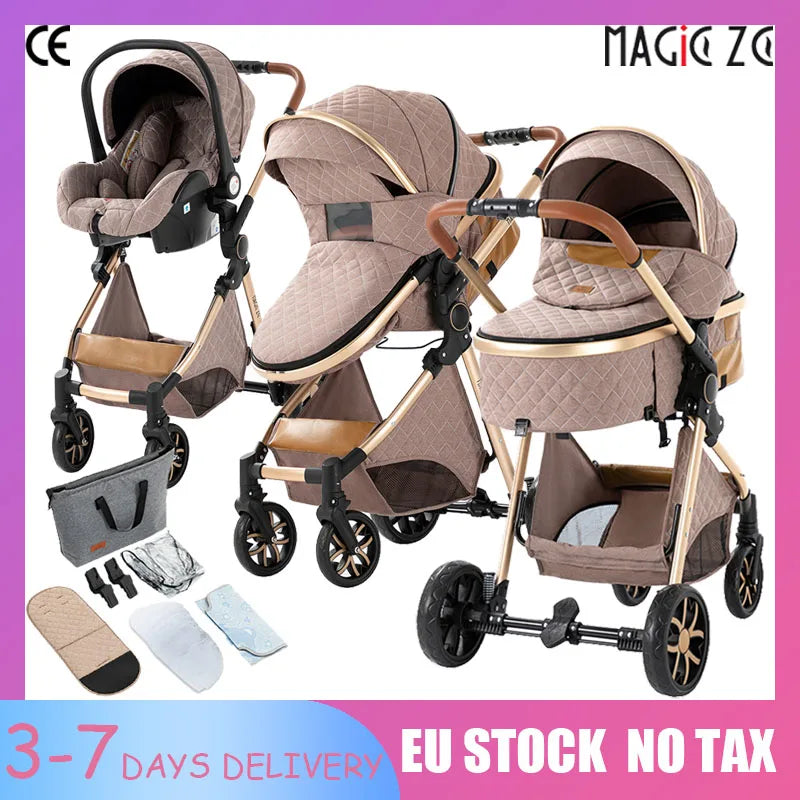 3-in-1 High Landscape Baby Stroller Travel System Bassinet Car Seat Lightweight Frame with One-Hand Folding Feature Baby Items