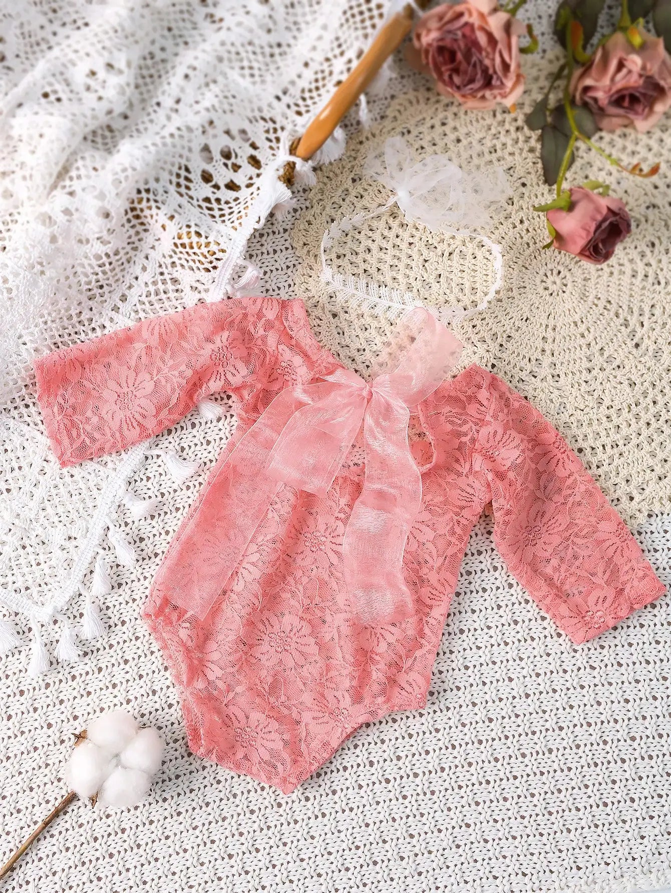 Ylsteed 2 Pieces Set Newborn Lace Romper Infant Photography Outfits with Matching Headband Baby Girl Photo Shooting Props