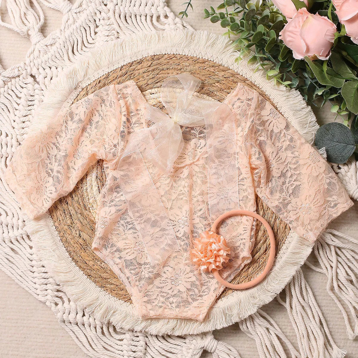 Ylsteed 2 Pieces Set Newborn Lace Romper Infant Photography Outfits with Matching Headband Baby Girl Photo Shooting Props