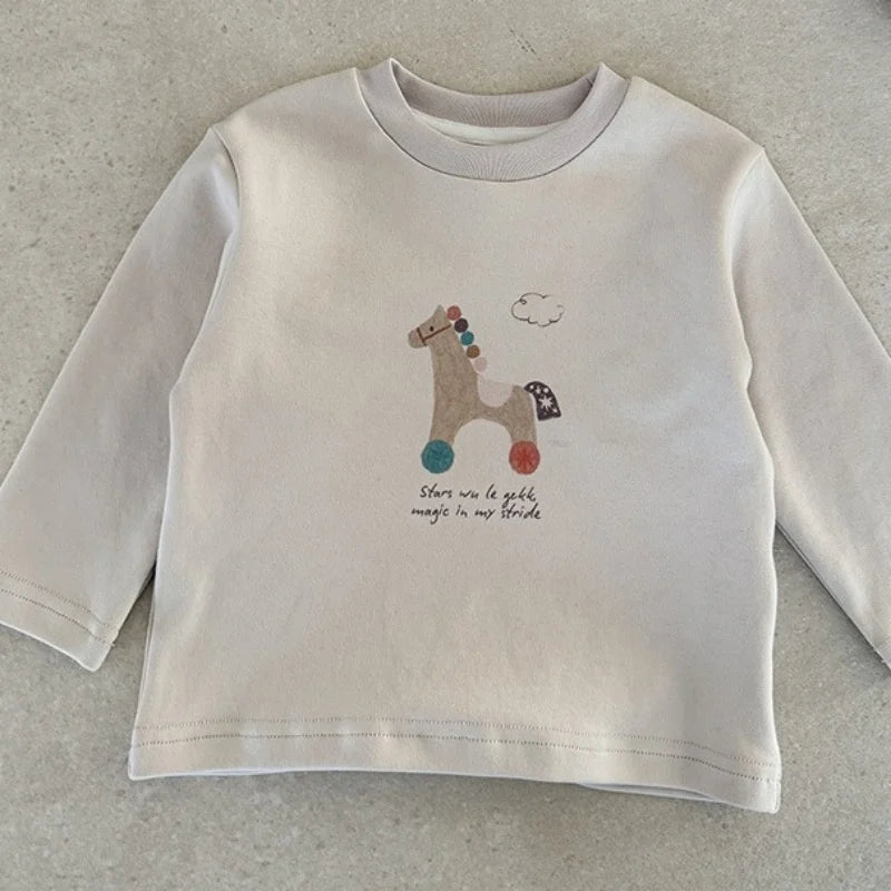 2026 Spring Korean Baby Clothing Cartoon Pattern Blouse for Boys Blue Sweatshirt Long Sleeve for Toddler