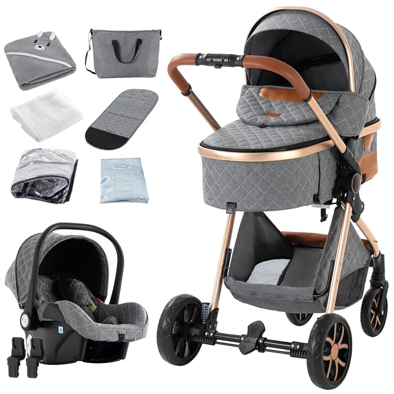 3 in 1 Baby Stroller Foldable Lightweight Pushchair High Landscape Reclining Seat Travel for Newborn Toddler Baby Carriage